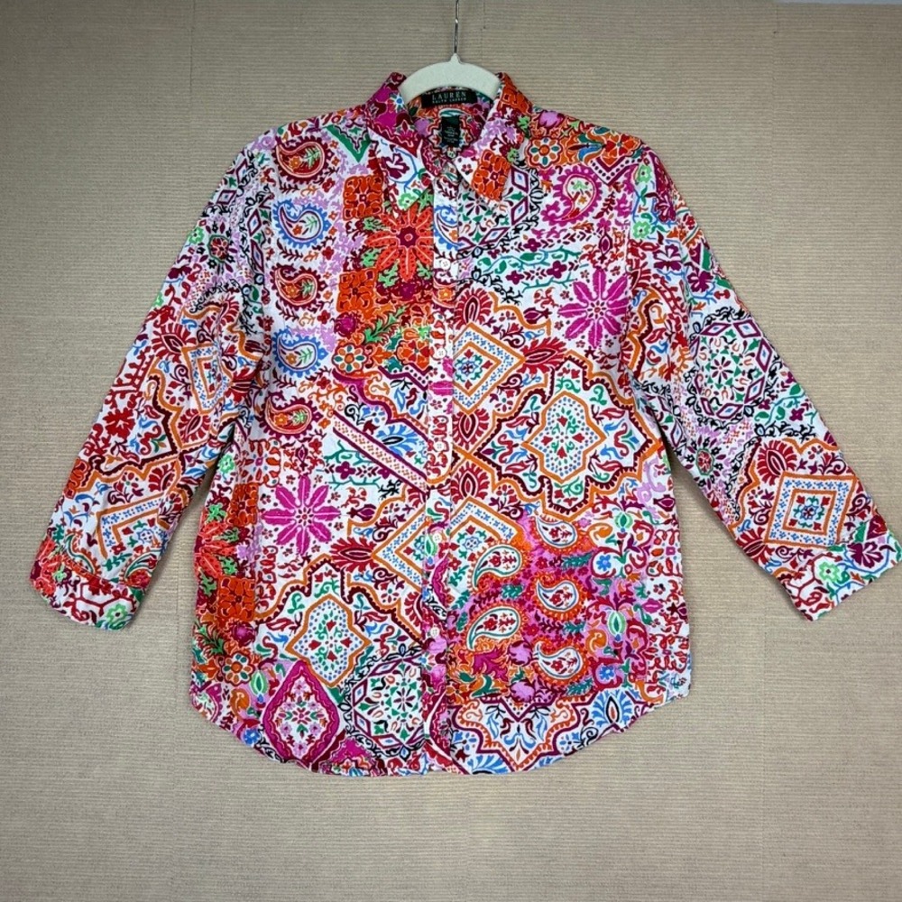 Lauren Ralph Lauren Womens Large Multi Color Paisley Cotton Button Down Shirt